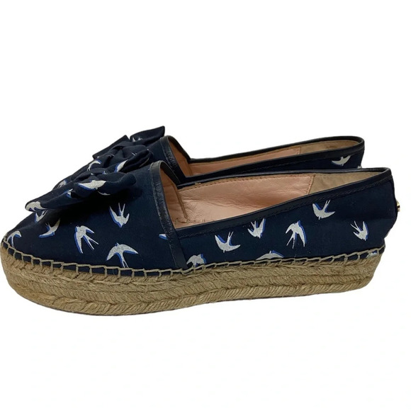 Kate Spade Navy Blue Swallow Bird Print Bow  Platform Espadrille Sandals … - Picture 4 of 8